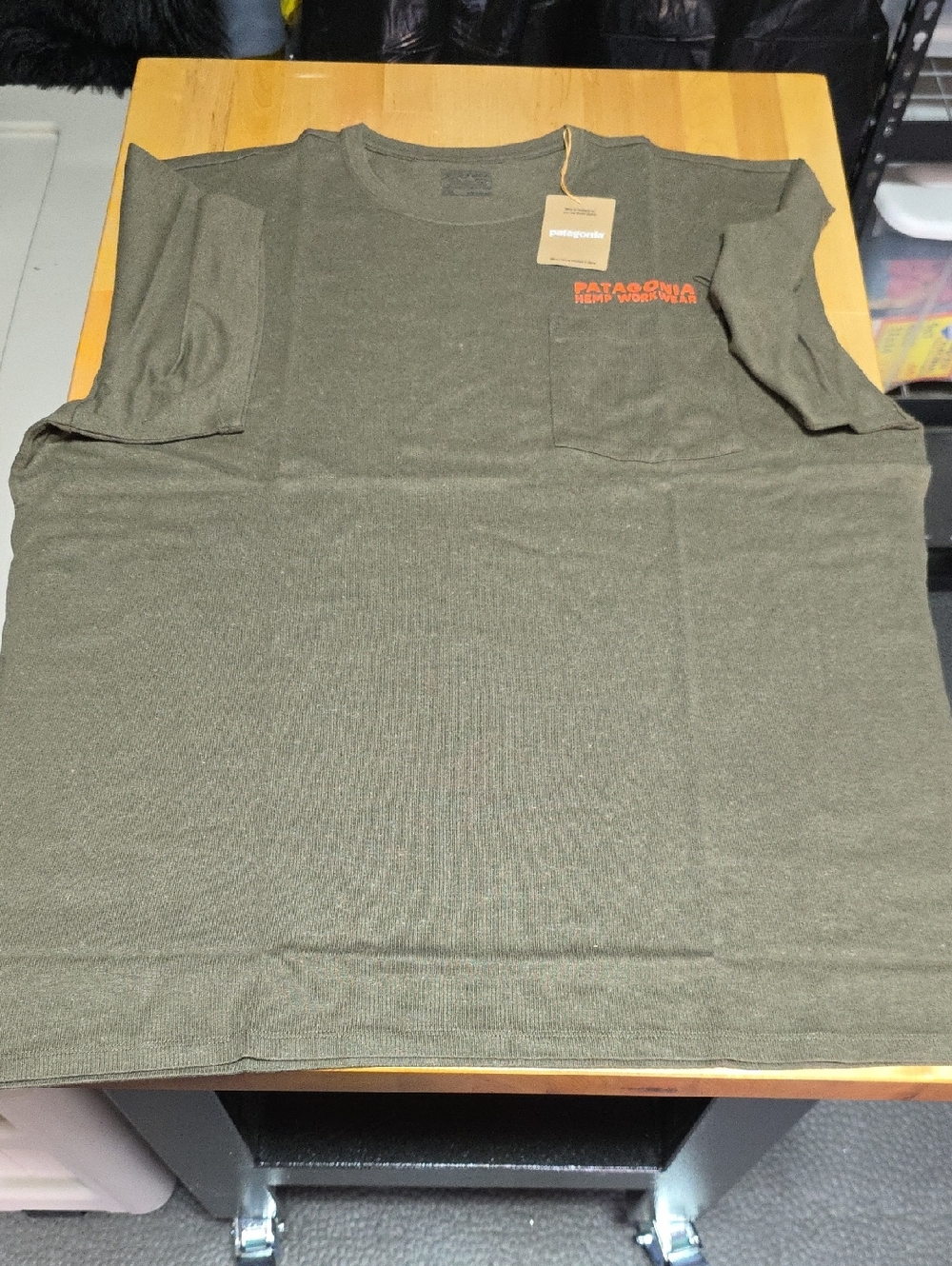Patagonia Short Sleeve Pocket Tee in Olive with Orange Logo
